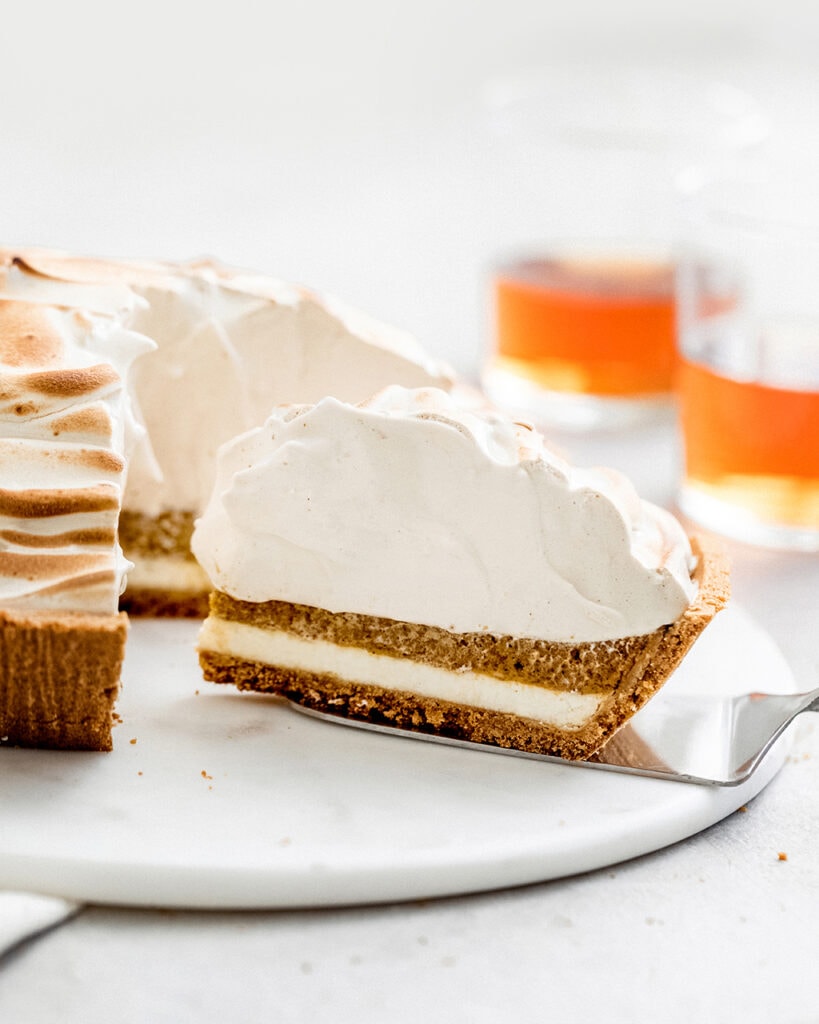 layered cheesecake with maple meringue