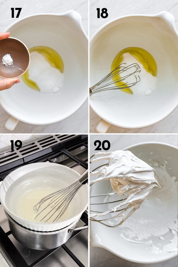 instructions to make meringue topping for tres leches cake: combine egg whites, sugar, cream of tartar, place over pan with simmering water, cook until sugar dissolves, beat egg mixture until stiff peaks form.