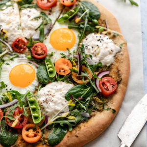 spring greens burrata pizza