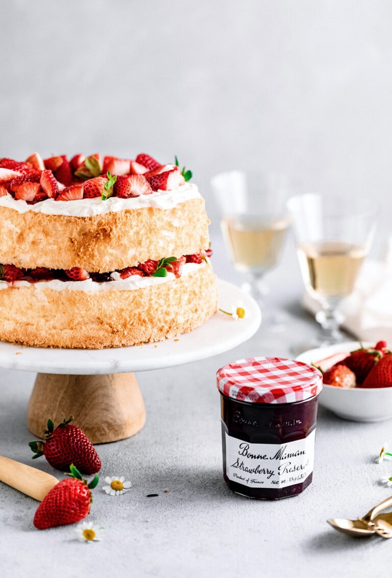 Strawberry Angel Food Cake with Honey Mascarpone Cream