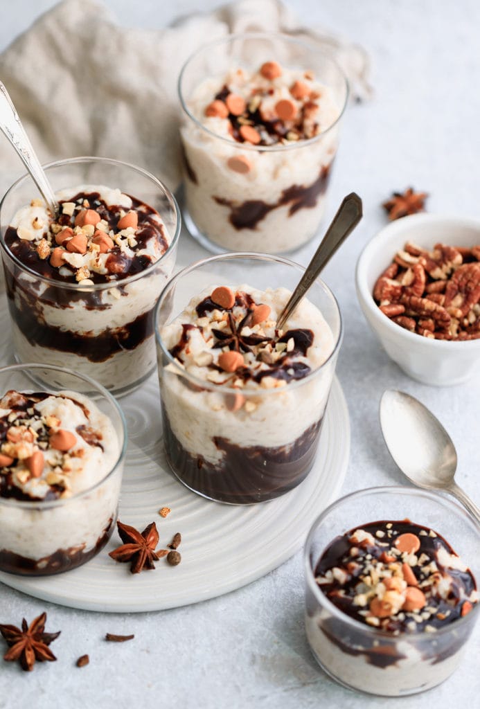 Homemade authentic rice pudding with chocolate swirls has the perfect texture and and sweetness. Easy to make and a favorite recipe of mine. It's also lactose-free!