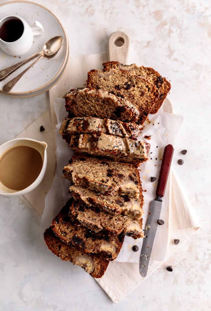 easy, simple and delicious tahini espresso banana bread perfect for breakfast or snack! serve warm with a drizzle of honey.