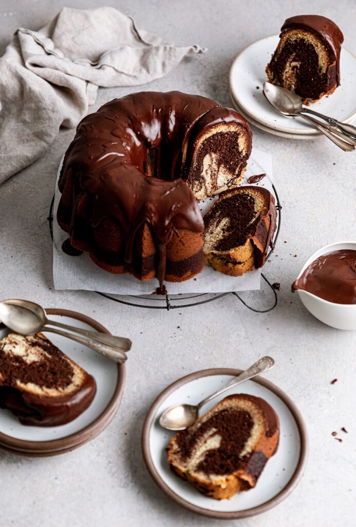 marble bundt cake with chocolate icing