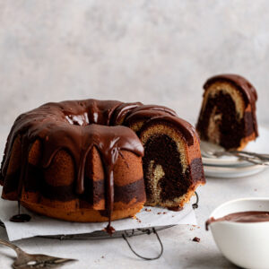 marble bundt cake with chocolate icing