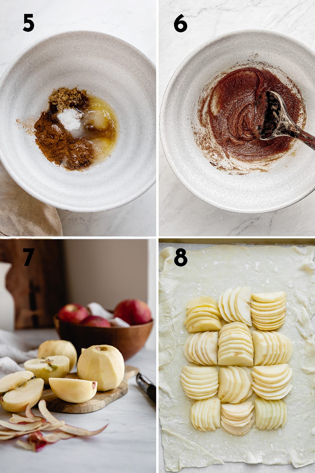 steps to make apple galette with puff pastry, combine melted butter, brown sugar, granulated sugar, cinnamon, vanilla extract, salt, lemon juice. Peel apples and thinly slice, arrange in center of pastry dough.