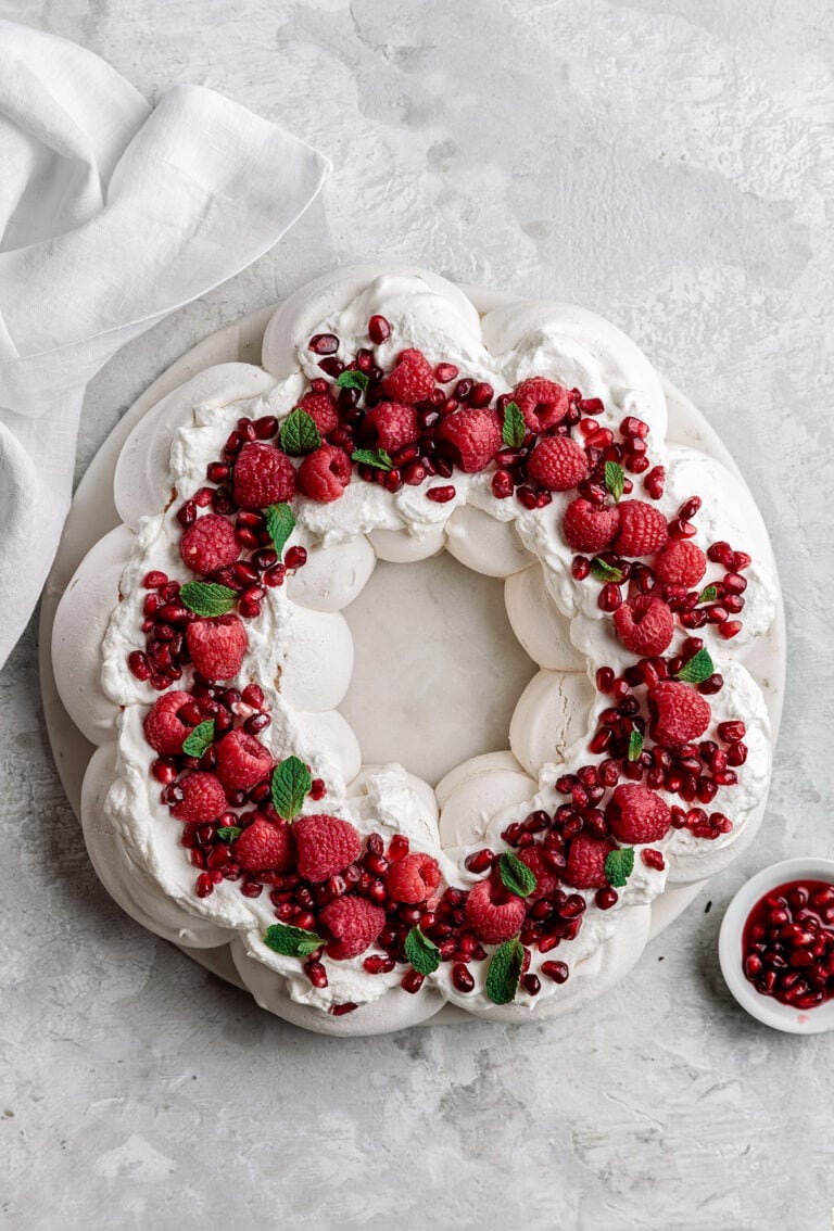 pavlova wreath with raspberries