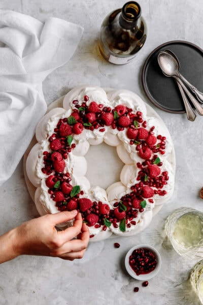 pavlova wreath with raspberries