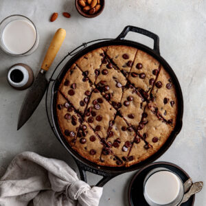 skillet almond butter banana bread cut in squares