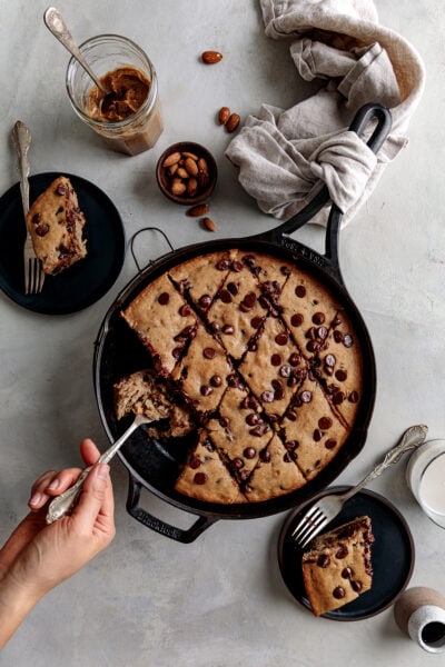 skillet almond butter banana bread cut in squares