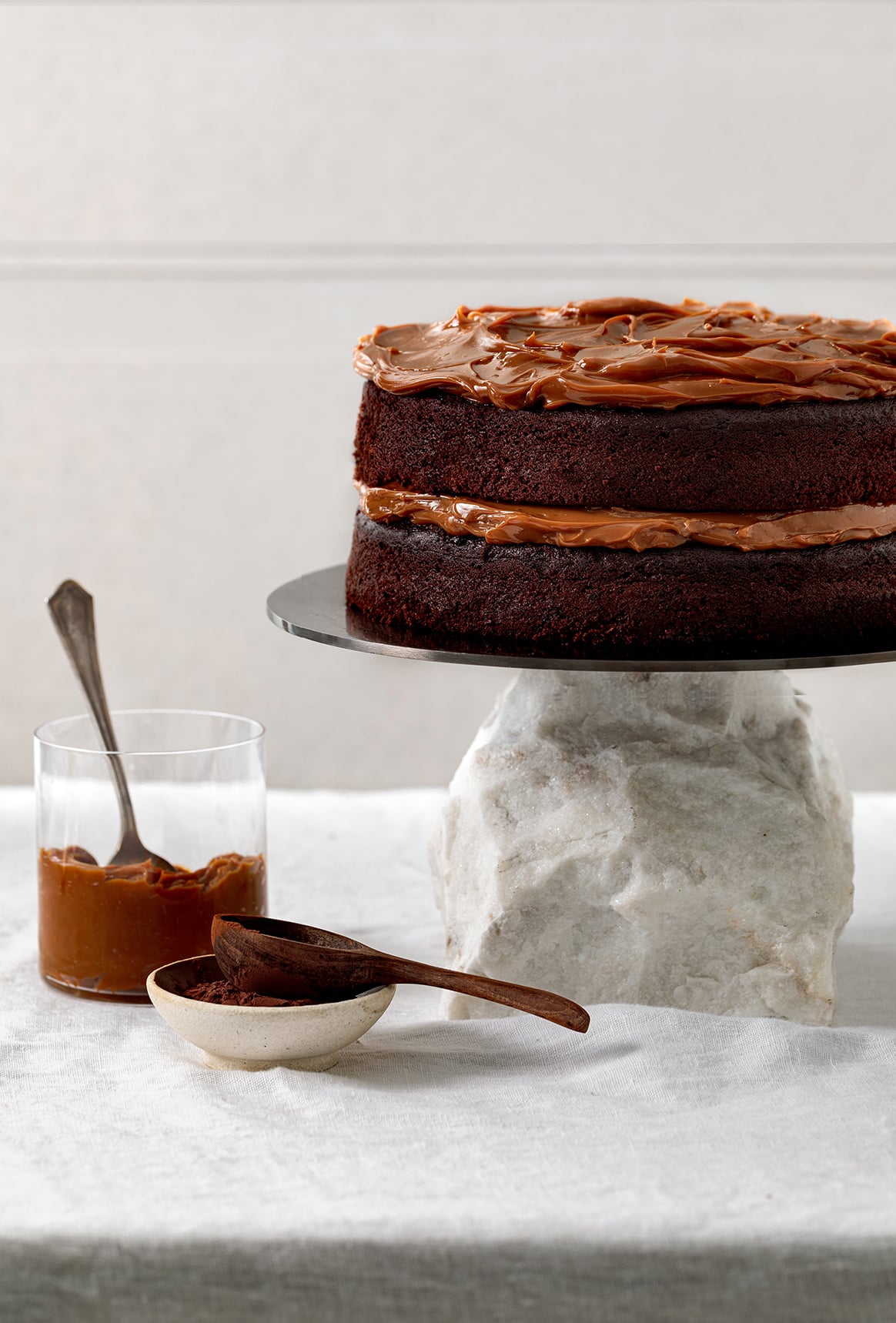 This Fudgy Chocolate Dulce de Leche Cake features two cake layers filled with smooth dulce de leche. 