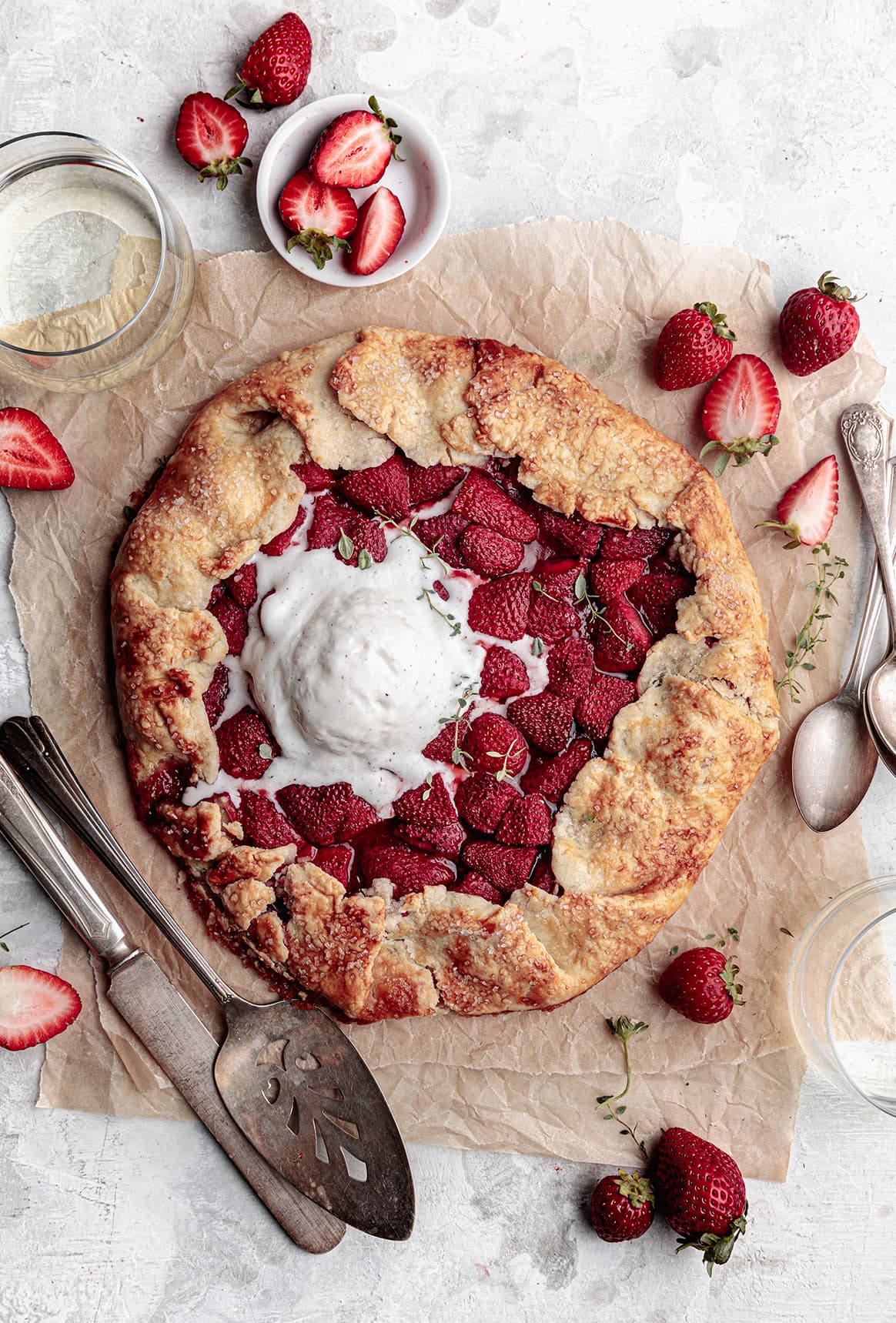 A rustic strawberry galette made with puff pastry, fresh berries and honey. This galette is the perfect late summer night dessert and even better when served with vanilla ice cream.
