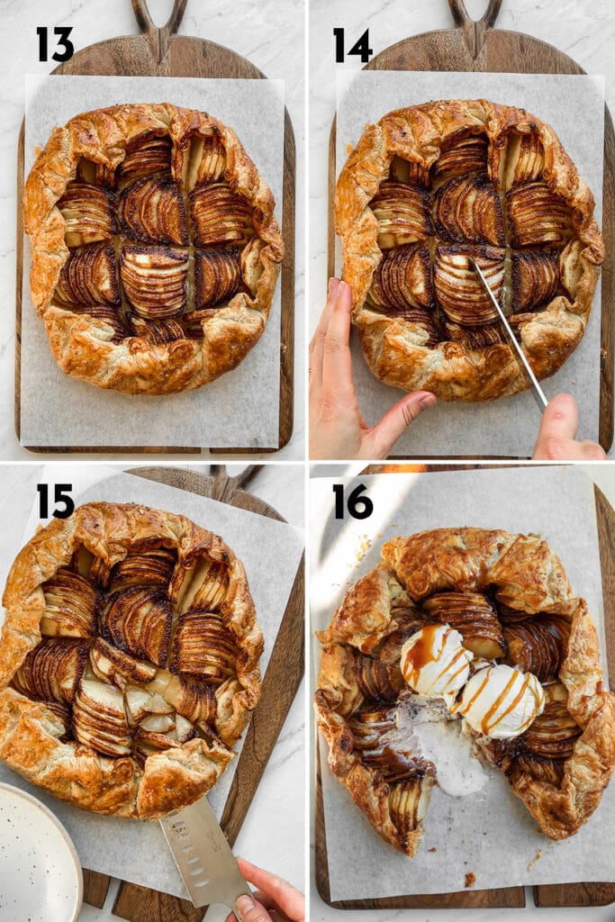 steps to make apple galette with puff pastry, remove from oven, let cool, slice and serve with vanilla ice cream and drizzle caramel sauce on top.
