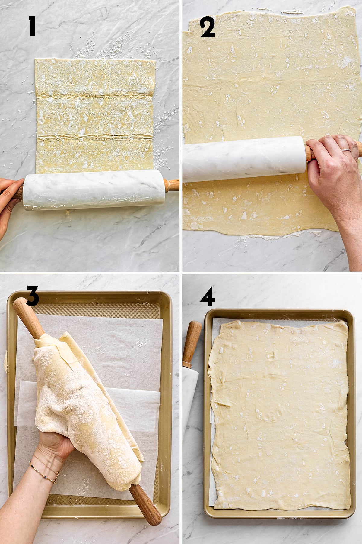 Steps to make Apple Galette with Puff Pastry, roll out puff pastry sheet into a rectangle, place on rolling pin and transfer to prepared baking sheet, refrigerate.