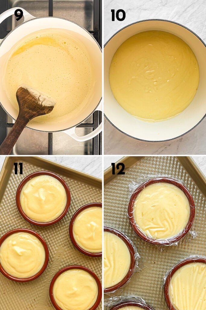 Steps to Make Crema Catalana, temper the egg mixture by gradually adding the cooled milk mixture to the egg mixture, stirring constantly, divide into ramekins, cover with plastic wrap, refrigerate overnight.