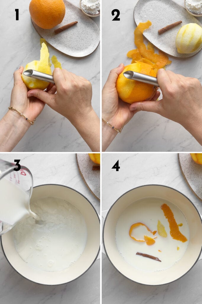 Steps to make Crema Catalana, peel lemon and orange, combine milk, peels, cinnamon stick in a saucepan over low heat.