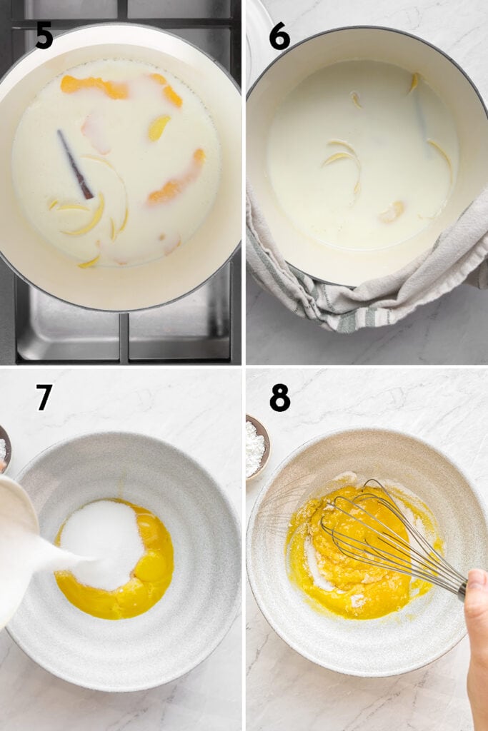 Steps to make Crema Catalana, stir milk to prevent it from sticking, remove from hear and let it steep covered for 30 minutes, strain to remove peels and stick.