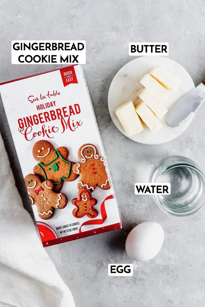 ingredients to make cookie tree: gingerbread cookie mix, butter, egg, water.