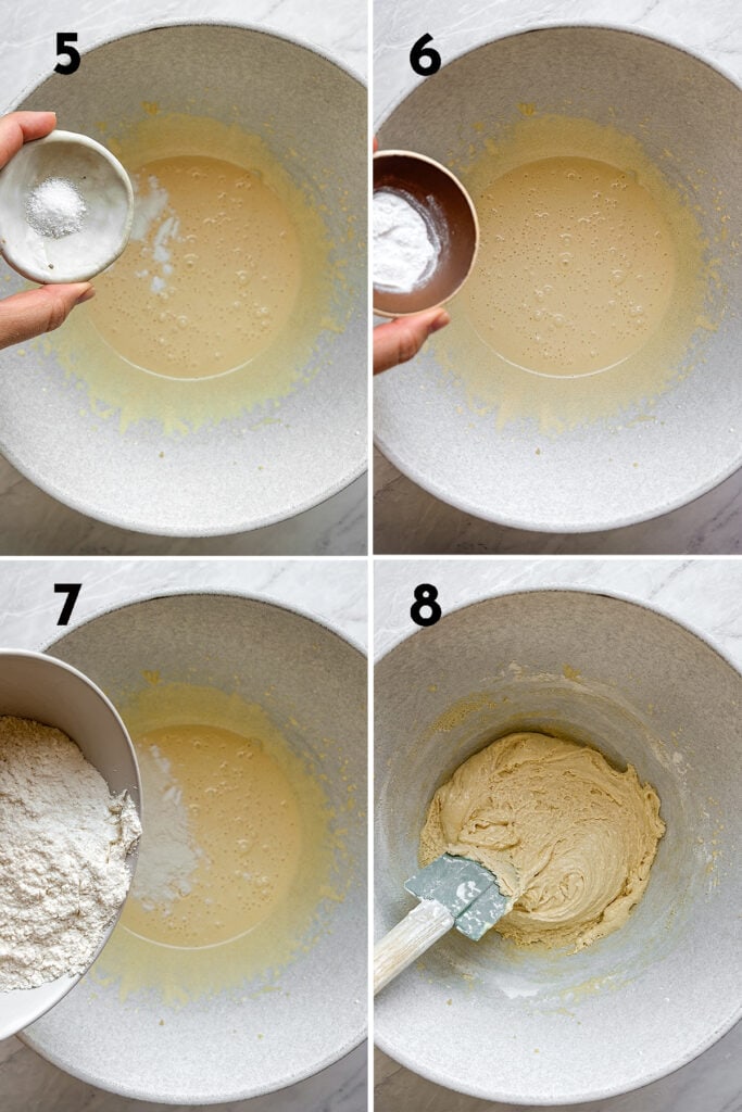instructions to make tres leches cake batter: Gently fold in the flour, salt, and baking powder into the egg yolk mixture, adding a little at a time. Do not overmix.