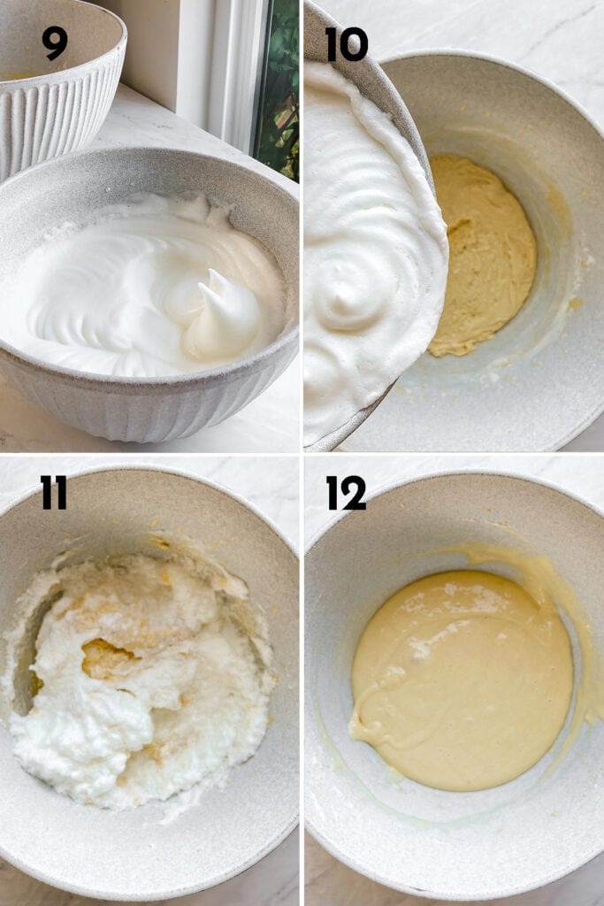 instructions to make tres leches cake batter: whisk the egg whites on high speed, until stiff peaks form. Fold the whipped egg whites into cake batter.