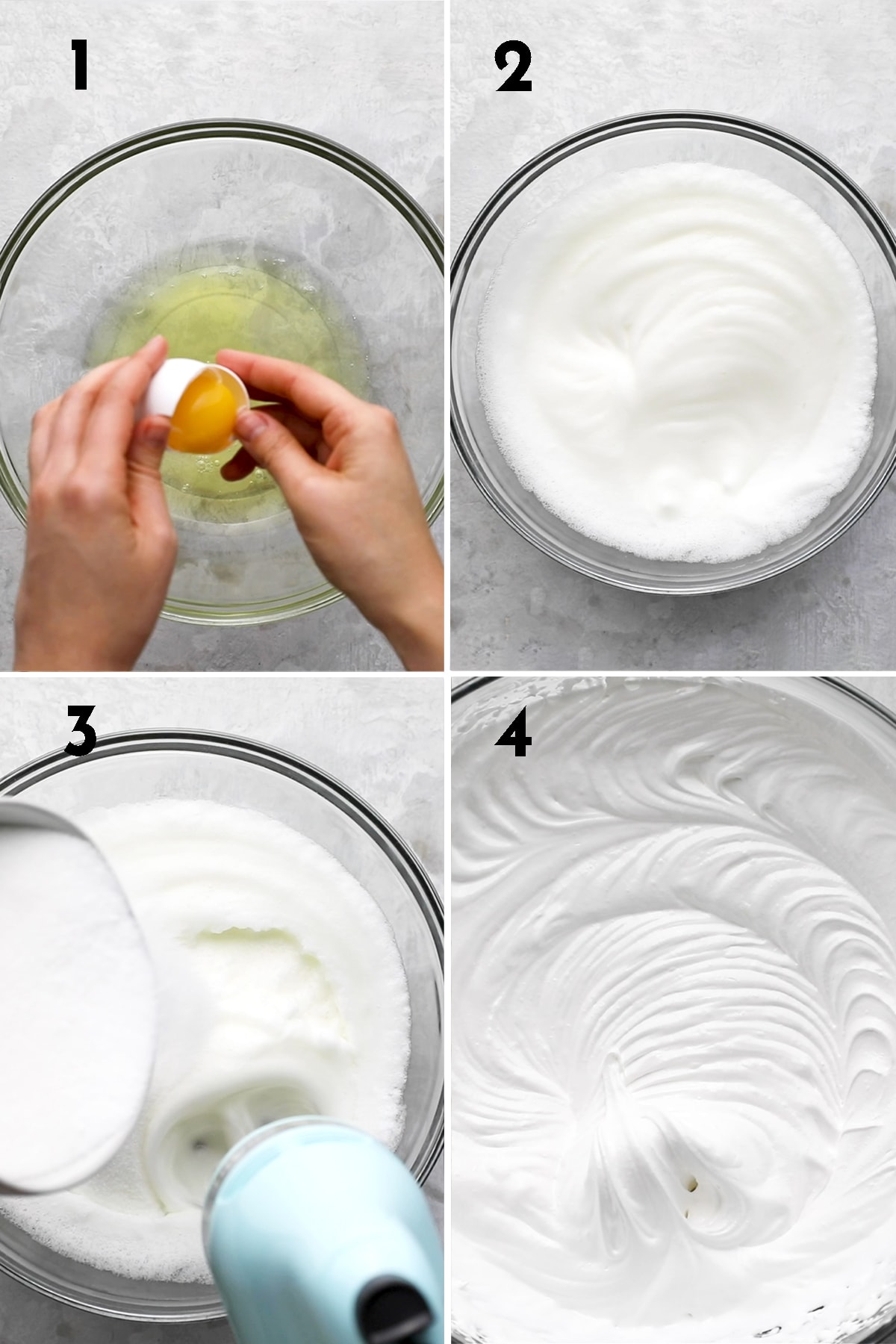 instructions to make the pavlova meringue: separtae the eggs, beat egg whites until soft peaks form, add sugar, beat until stiff peaks form.