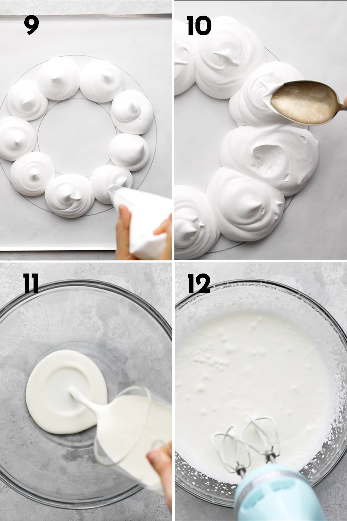 instructions to make pavlova wreath: transfer to piping bag, pipe forming 10 mounds, create dents with back of spoon, bake for 1 hour and 15 minutes, beat whipped cream.
