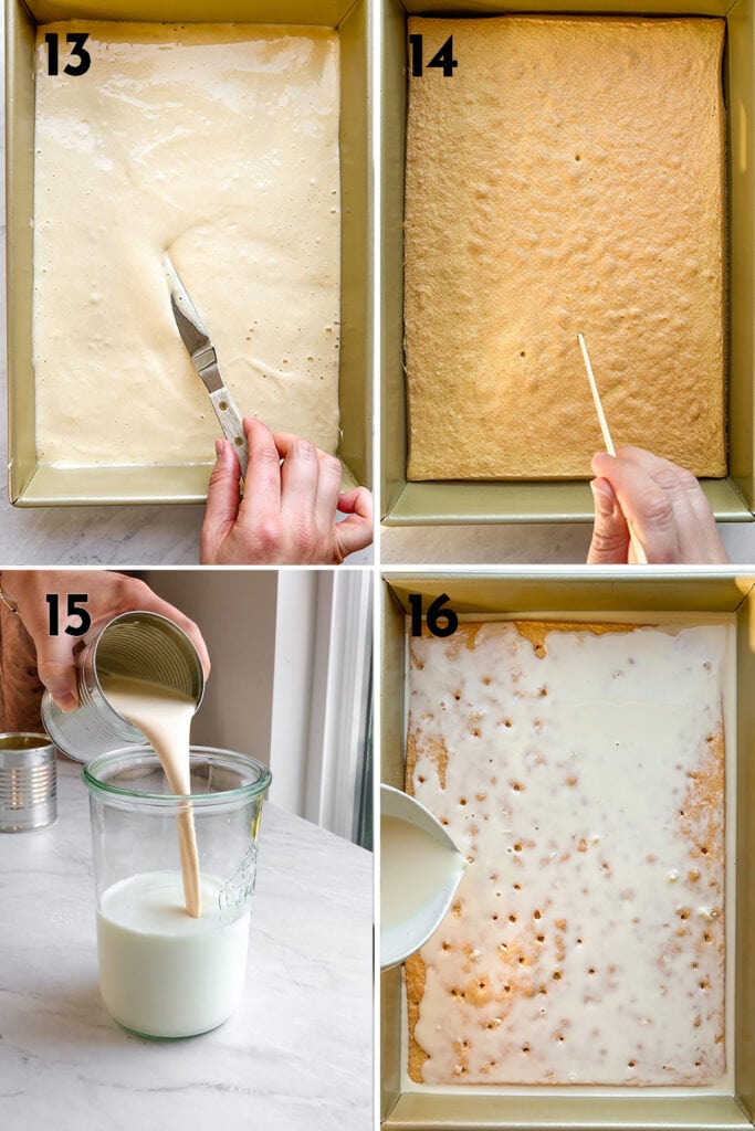 instructions to make tres leches cake: transfer batter to prepared pan and bake for 15-18 minutes. Let cool and poke holes using a skewer or fork. Make the three milk mixture: combine whole milk, condensed milk and evaporated milk in a large jar. Pour over cake, cover and refrigerate overnight.