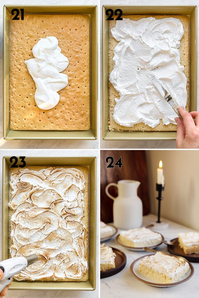 instructions to make meringue topping for tres leches cake: Spread the meringue evenly over the soaked cake, toast using a kitchen torch, slice and serve.