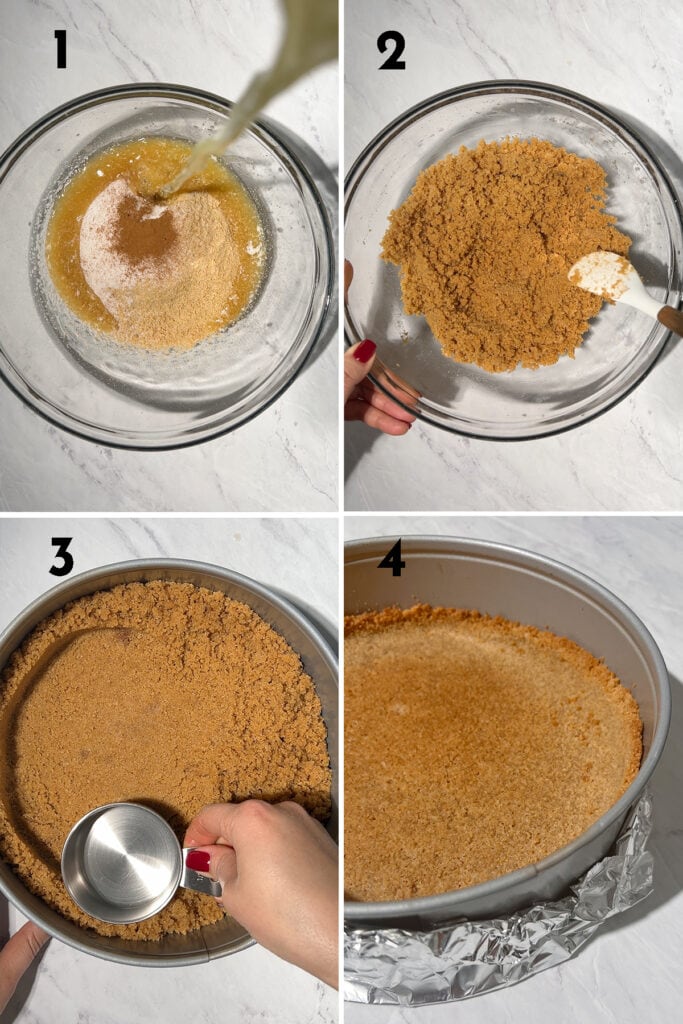 Instructions to make cheesecake crust: combine graham cracker crumbs, melted butter, sugar, cinnamon and salt, still until resembles wet sand, press into bottom and sides of pan, bake for 10 minutes.