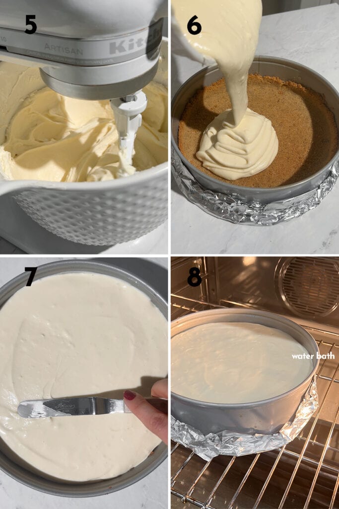 Instructions to make cheesecake batter: beat cream cheese until smooth, add in sour cream, sugar and continue beating. Add in flour, eggs one at a time, and vanilla. Pour over crust and bake for 1 hour.