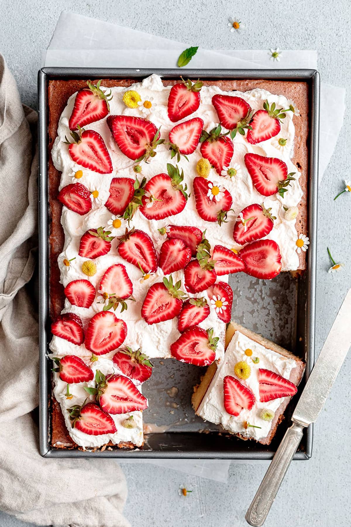 Strawberry Tres Leches Cake is a light and spongy cake that is soaked in a sweet strawberry three milks mixture. Topped with fresh whipped cream and sliced strawberries.
