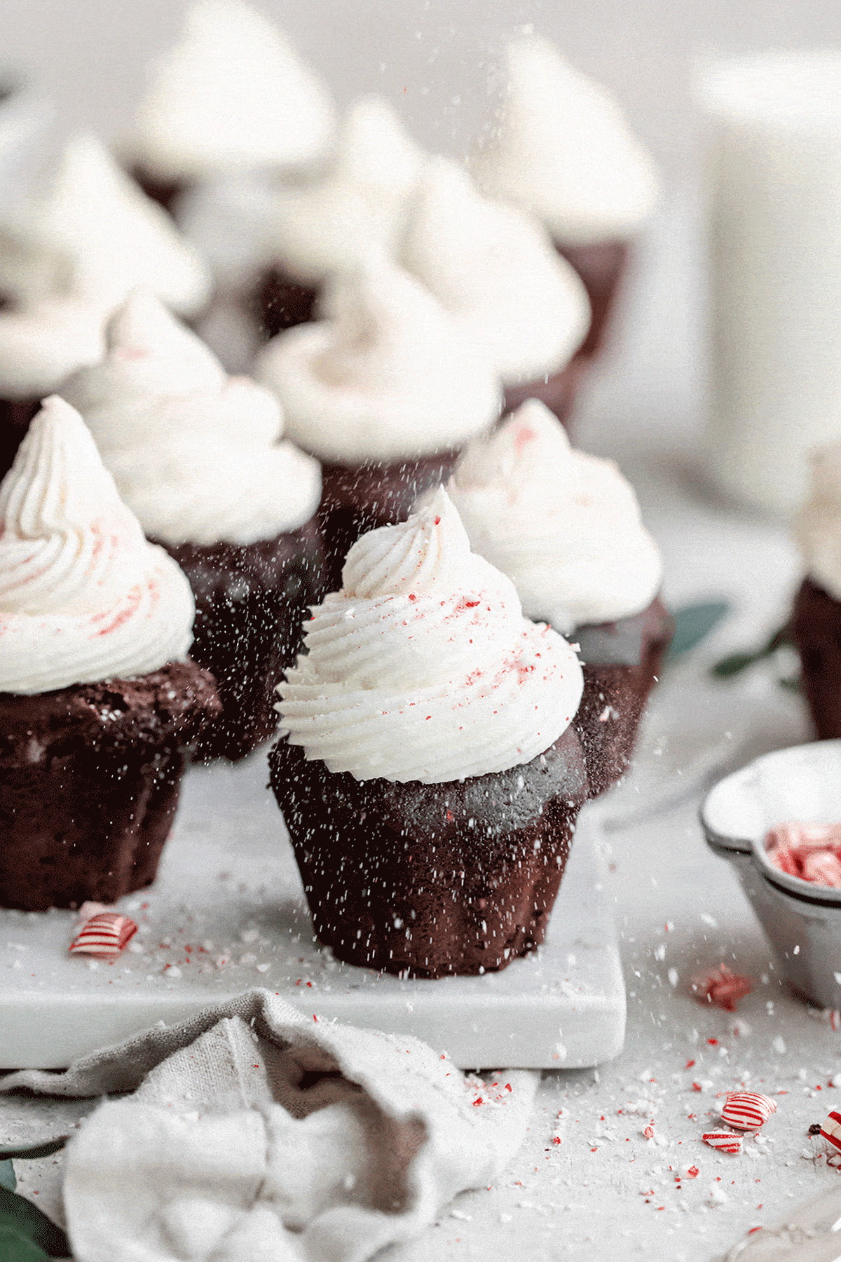 These Mexican Hot Chocolate Cupcakes topped with peppermint frosting and crushed candy canes. 